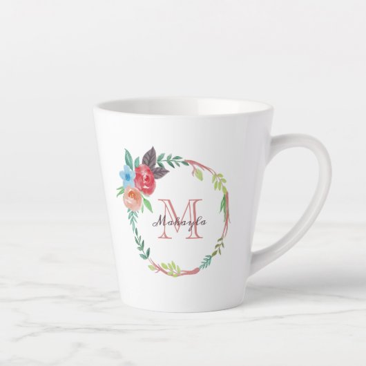 Waterverf Floral Monogram Latte Mok (Rechts)