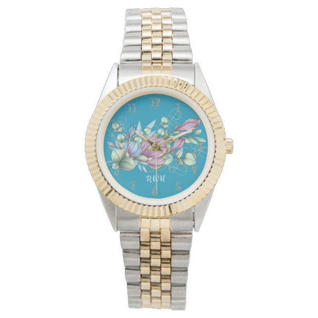 Waterverf Floral Monogrammed Watch Horloge (Voorkant)