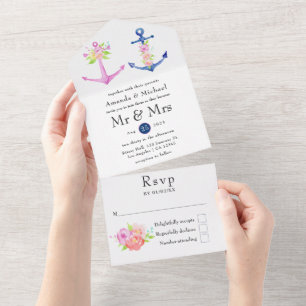 Waterverf Floral Nautical Wedding All In One Uitnodiging