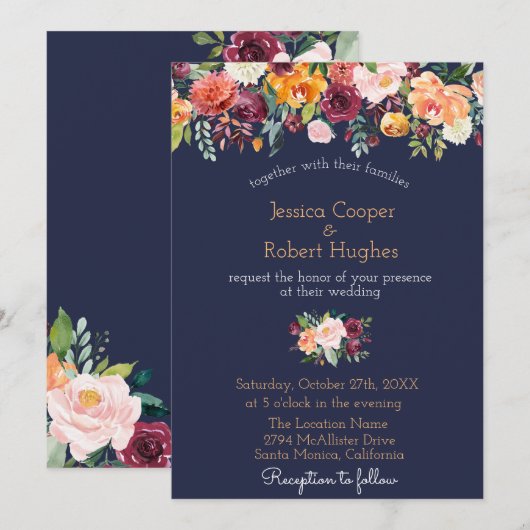 Waterverf Floral Navy Blue Wedding Invitation Kaart (Voorkant / Achterkant)
