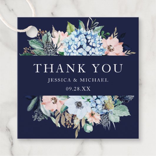 Waterverf Floral Navy Hydrangea Bouquet Wedding Bedankjes Labels (Voorkant)