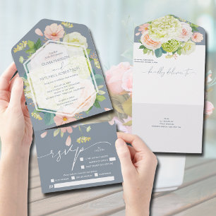 Waterverf Floral op het mosterdblauw huwelijk All In One Uitnodiging