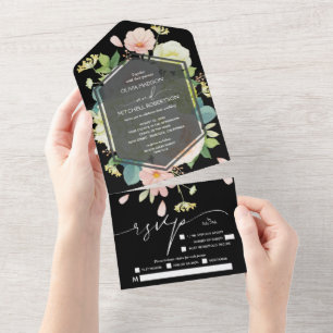 Waterverf Floral op zwarte bruiloft All In One Uitnodiging