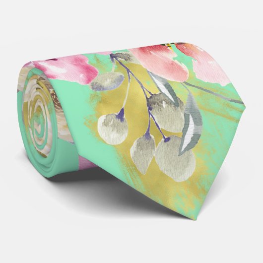 Waterverf Floral over Neo Mint Stropdas (Opgerold)