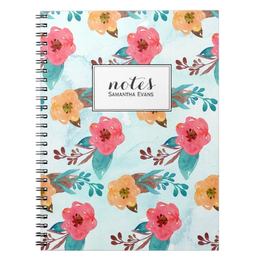 Waterverf Floral Pattern Aqua Blue en Roze Notitieboek (Voorkant)