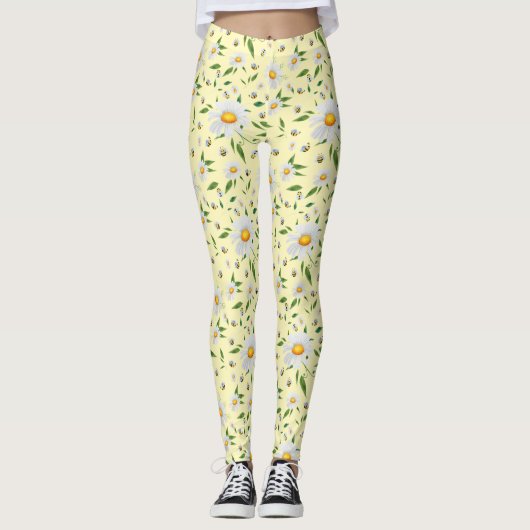 Waterverf Floral Pattern Legg Cute Daisy and Bees Leggings (Voorkant)