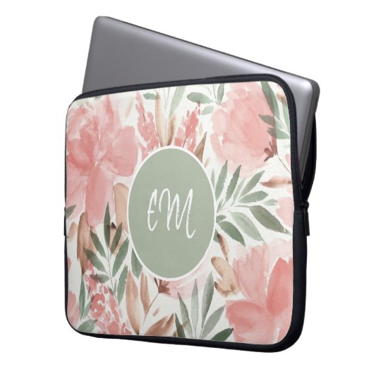 Waterverf Floral Pattern Monogram Laptop Sleeve (Voorkant Links)