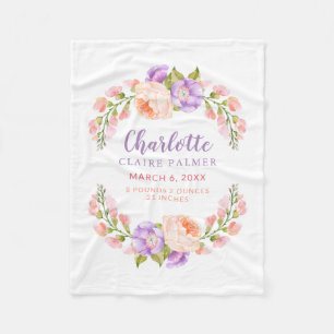 Waterverf Floral Personalized Baby Birth Stats Fleece Deken