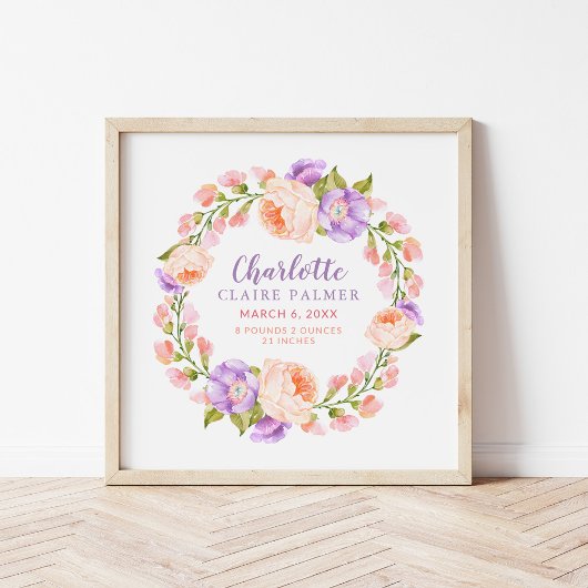 Waterverf Floral Personalized Baby Birth Stats Poster