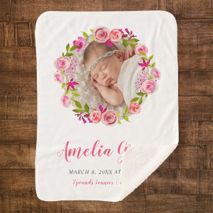 Waterverf Floral Photo Baby Birth Stats Sherpa Deken