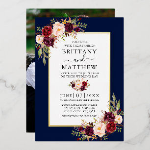 Waterverf Floral Photo Wedding Blue Gold Folie Uitnodiging
