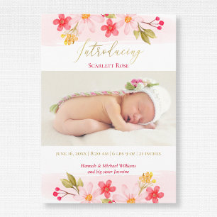 Waterverf Floral Pink Baby Girl Foto geboortedatum Aankondiging