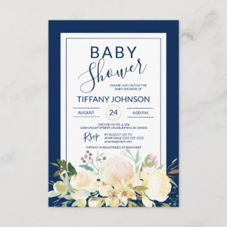 Waterverf Floral Pink Beige Navy Blue Baby shower Kaart