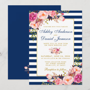 Waterverf Floral Pink Blue Stripes Gold Wedding Kaart