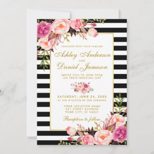 Waterverf Floral Pink Blush Gold Striped Wedding Kaart
