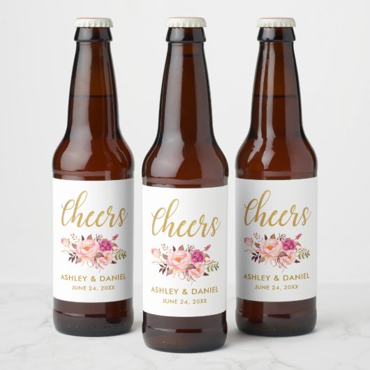 Waterverf Floral Pink Blush Gold Wedding Cheers Bier Etiket (Flessen)