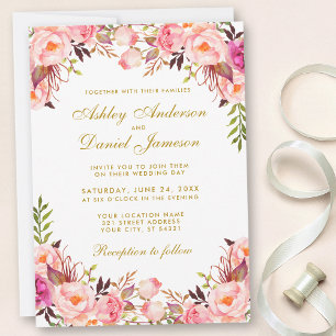 Waterverf Floral Pink Blush Gold Wedding Kaart