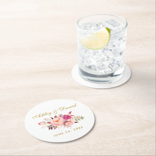 Waterverf Floral Pink Blush Gold Wedding Ronde Kartonnen Onderzetter