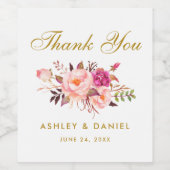Waterverf Floral Pink Blush Gold Wedding Wijn Etiket (Enkel label)