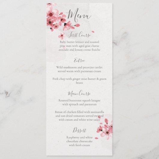 Waterverf Floral Pink Cherry Blossom Wedding Menu (Voorkant)
