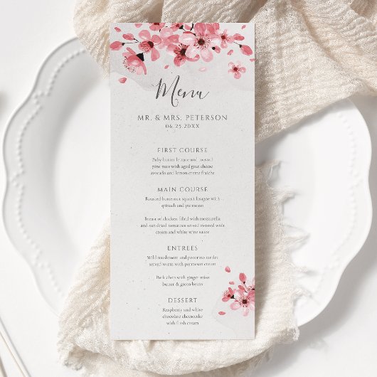 Waterverf Floral Pink Cherry Blossom Wedding Menu