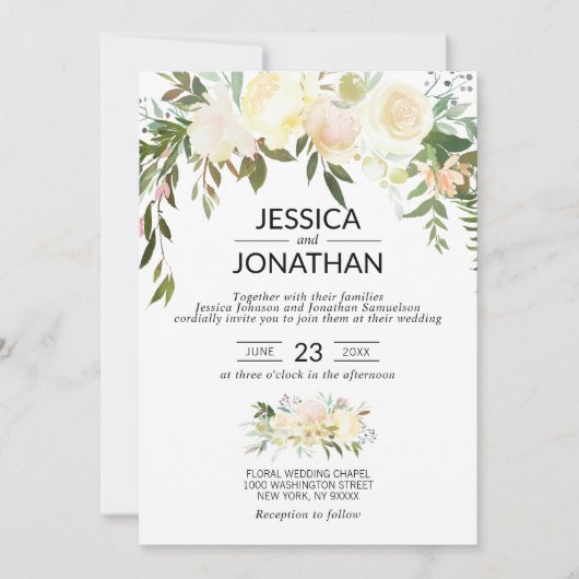 Waterverf Floral Pink Cream Ivory Wedding Kaart (Voorkant)