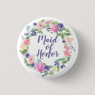 Waterverf Floral Pink en Paarse Maid of Honor Ronde Button 3,2 Cm