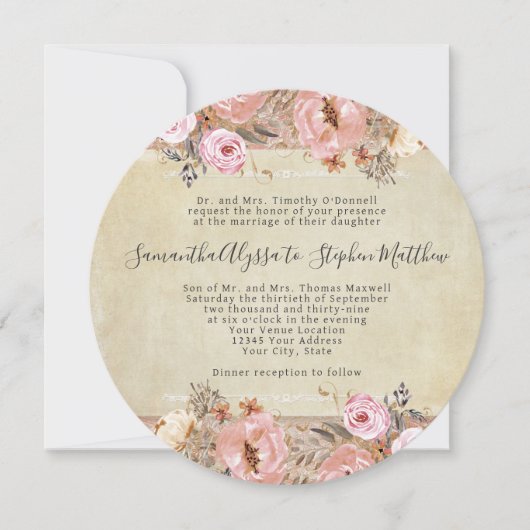 Waterverf Floral Pink Franse Regency Lace Kaart (Voorkant)