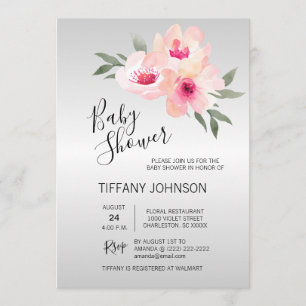 Waterverf Floral Pink Grey Flowers Baby shower Kaart