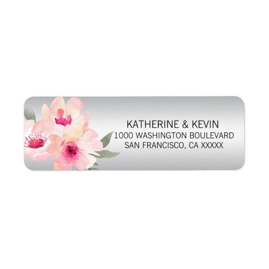 Waterverf Floral Pink Grey Flowers Retouradres Etiket (Voorkant)