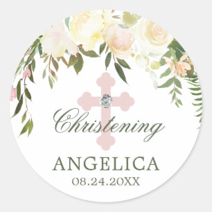 Waterverf Floral Pink Ivory Baptism Christening Ronde Sticker