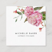 Waterverf Floral Pink Peony Vierkante Visitekaartje (Voorkant)