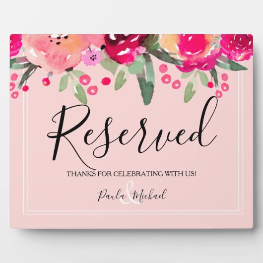 Waterverf Floral Pink Reserved Sign Plaque Fotoplaat (Voorkant)