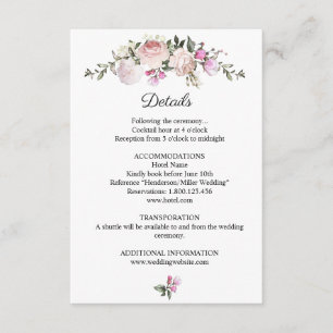 Waterverf Floral Pink Roses Wedding Detail Informatiekaartje