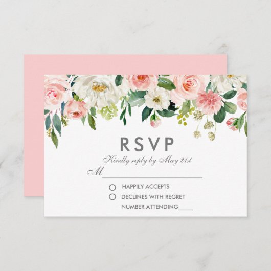 Waterverf Floral Pink Silver RSVP Weddenschap P (Voorkant / Achterkant)