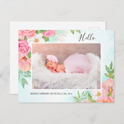 Waterverf Floral Pink Turquoise Baby Girl Foto Aankondigingskaart (Voorkant / Achterkant)