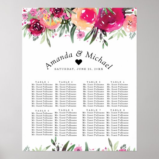Waterverf Floral Pink Wedding Seating Chart Poster (Voorkant)