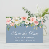 Waterverf Floral Pink White Dusty Blue Save The Date (Staand voorkant)