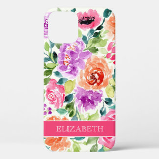 Waterverf Floral Print Persoonlijke naam iPhone 12 Hoesje