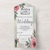 Waterverf Floral Romantisch paar Zomer bruiloft All In One Uitnodiging (Binnen)