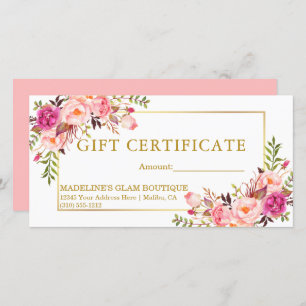 Waterverf Floral roze rozen Gold Gift Certificate