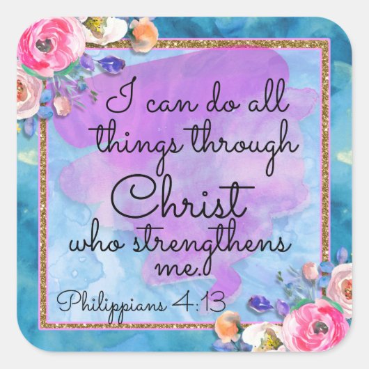Waterverf Floral Scripting Christus Kaart Vierkante Sticker (Voorkant)