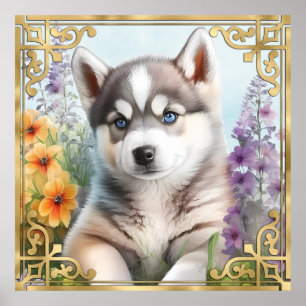 Waterverf Floral Siberian Husky met Gold Lijst Poster
