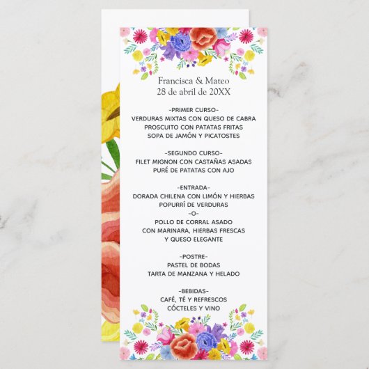 Waterverf Floral Spain Fiesta Wedding Menu (Voorkant / Achterkant)