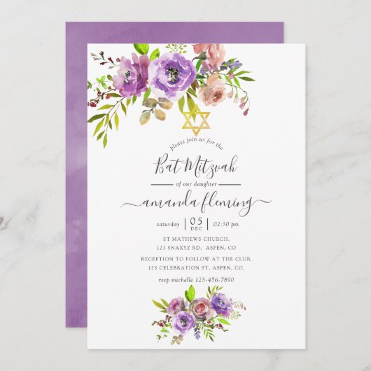 Waterverf Floral Spring Bat Mitzvah Kaart (Voorkant / Achterkant)