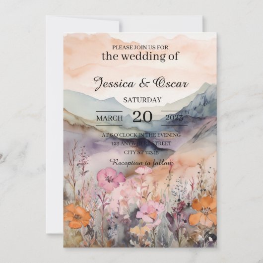 Waterverf Floral Spring Mountains Wedding Kaart (Voorkant)