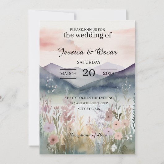 Waterverf Floral Spring Mountains Wedding Kaart (Voorkant)