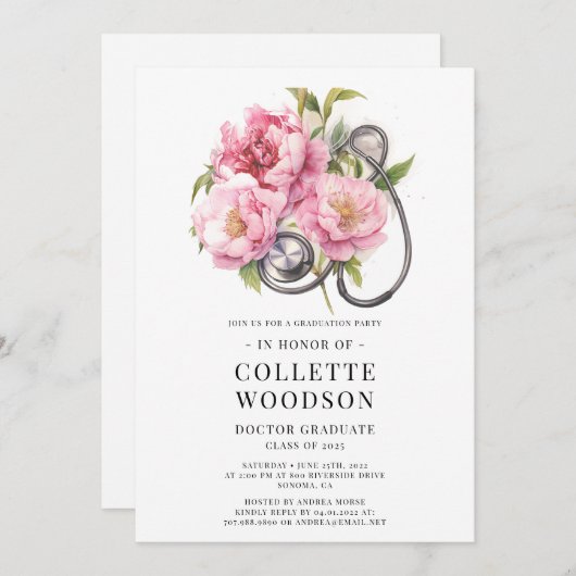 Waterverf Floral Stethoscoop Doctor Afstuderen Kaart (Voorkant / Achterkant)