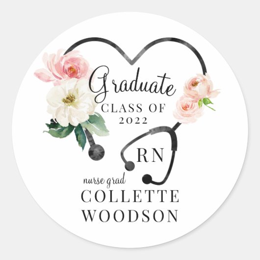 Waterverf Floral Stethoscope Nurse Afstuderen Ronde Sticker (Voorkant)