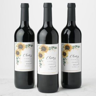 Waterverf Floral Sunflower Eucalyptus Weddenschap Wijn Etiket